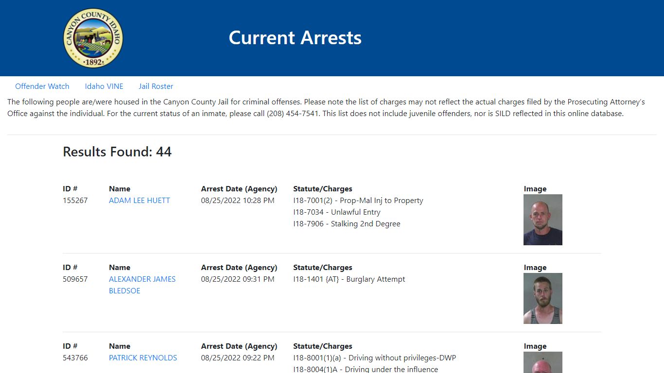 Current Arrests - Canyon County, Idaho